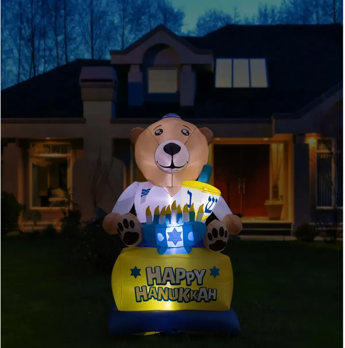 Giant Hanukkah Inflatable Bear - Yard Decor with Built-in Bulbs, Tie-Down Points, and Powerful Built in Fan