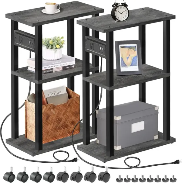 TUTOTAK Small Narrow Side Table with Charging Station, Set of 2, Skinny End Table for Small Spaces, Slim Nightstand with USB Por