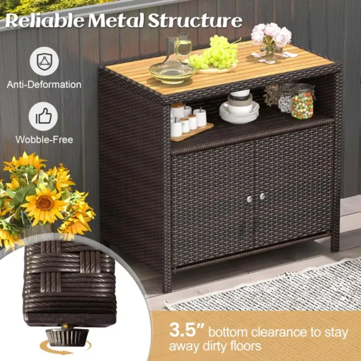 Hivvago Rattan Storage Cabinet with Acacia Wood Countertop for Poolside Deck and Patio