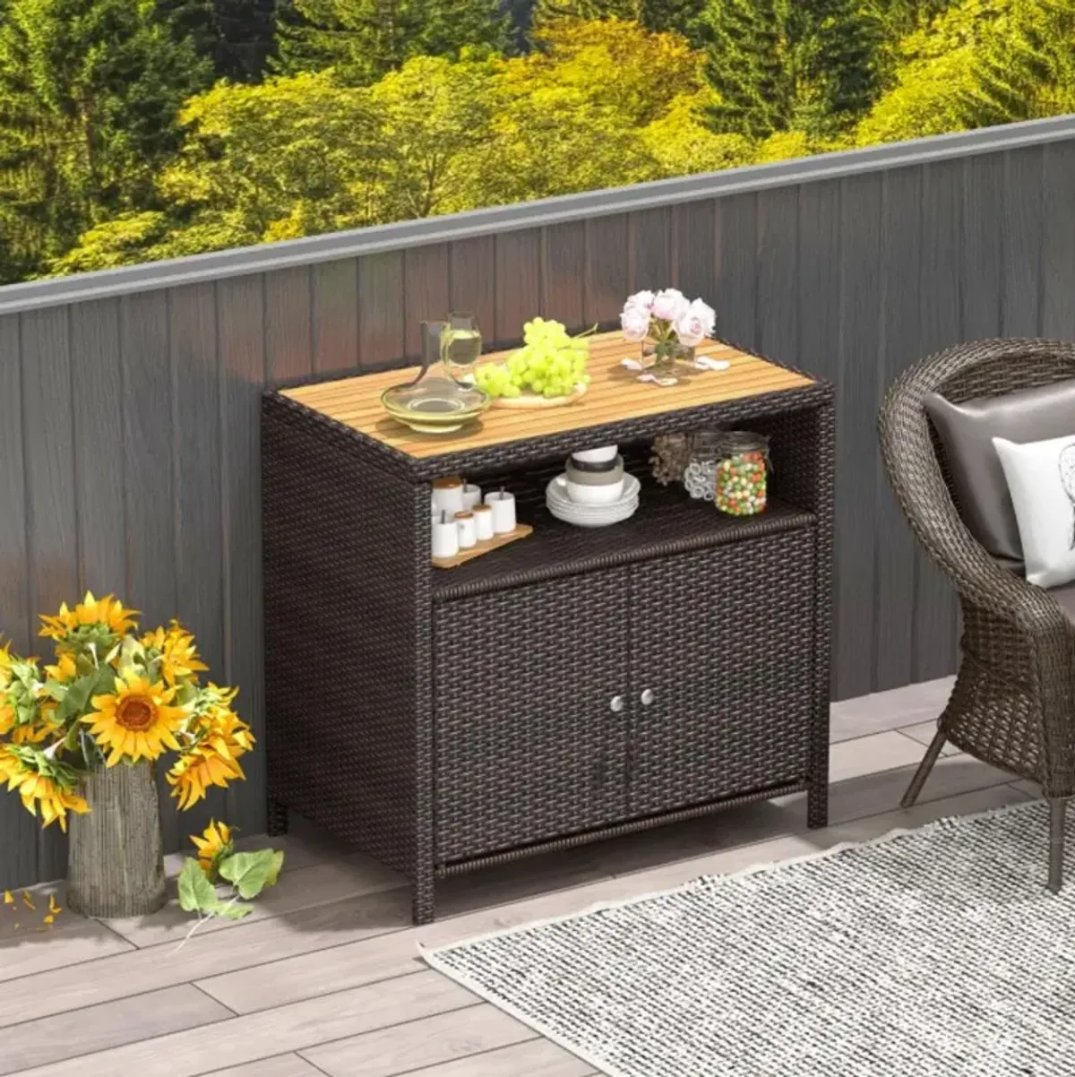 Hivvago Rattan Storage Cabinet with Acacia Wood Countertop for Poolside Deck and Patio