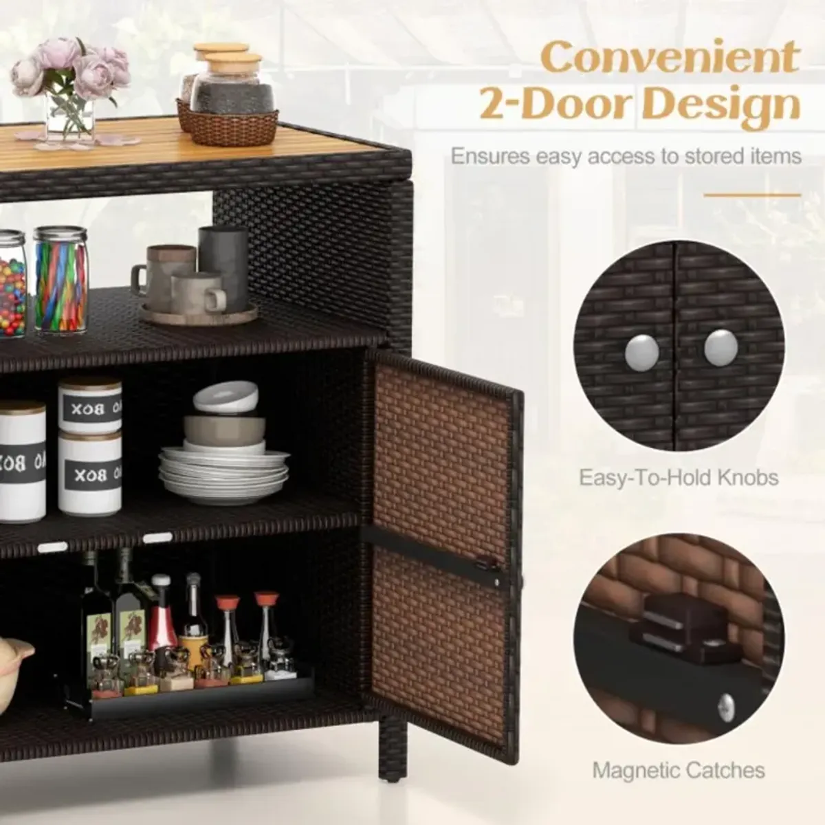 Hivvago Rattan Storage Cabinet with Acacia Wood Countertop for Poolside Deck and Patio