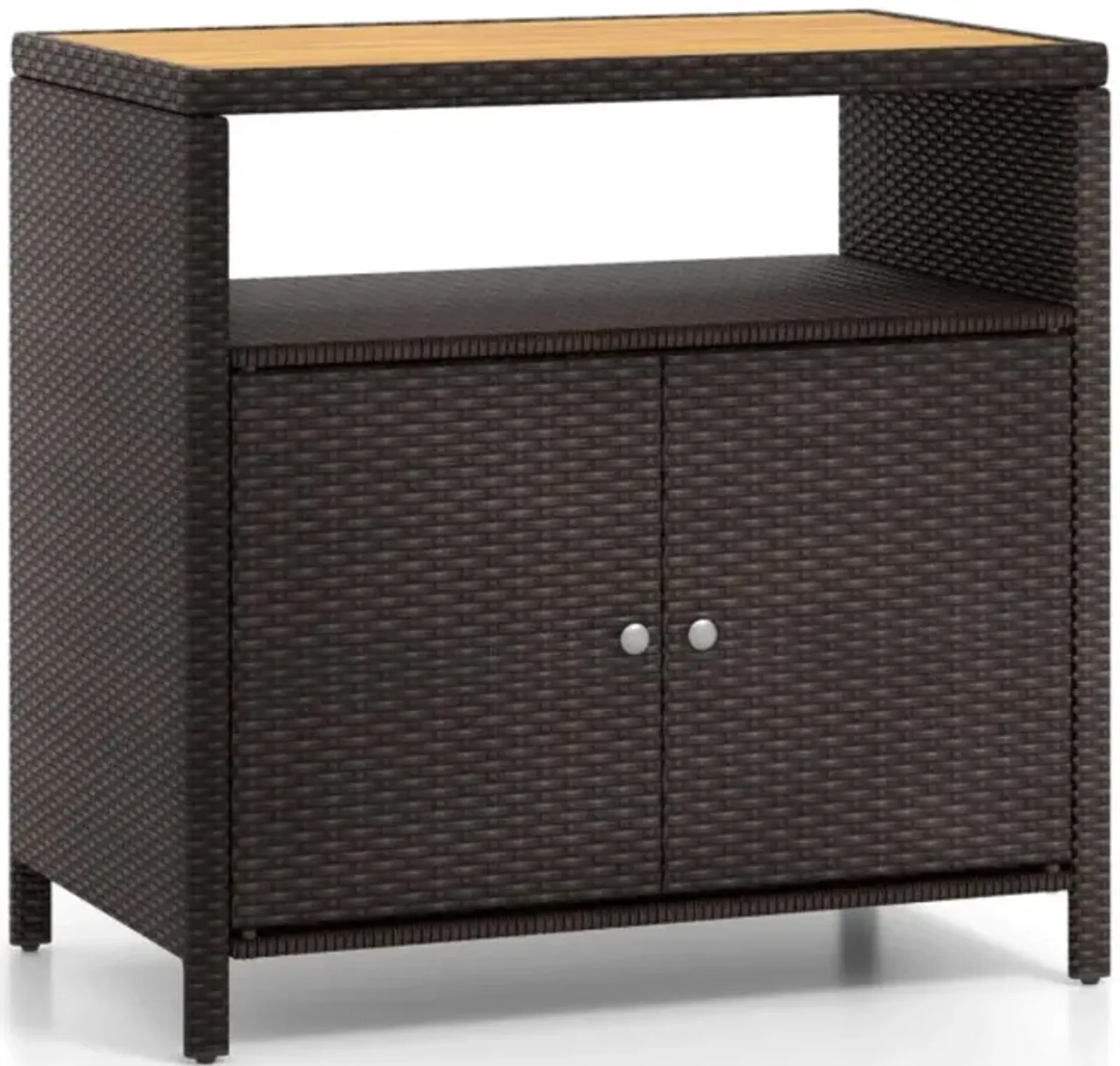 Hivvago Rattan Storage Cabinet with Acacia Wood Countertop for Poolside Deck and Patio