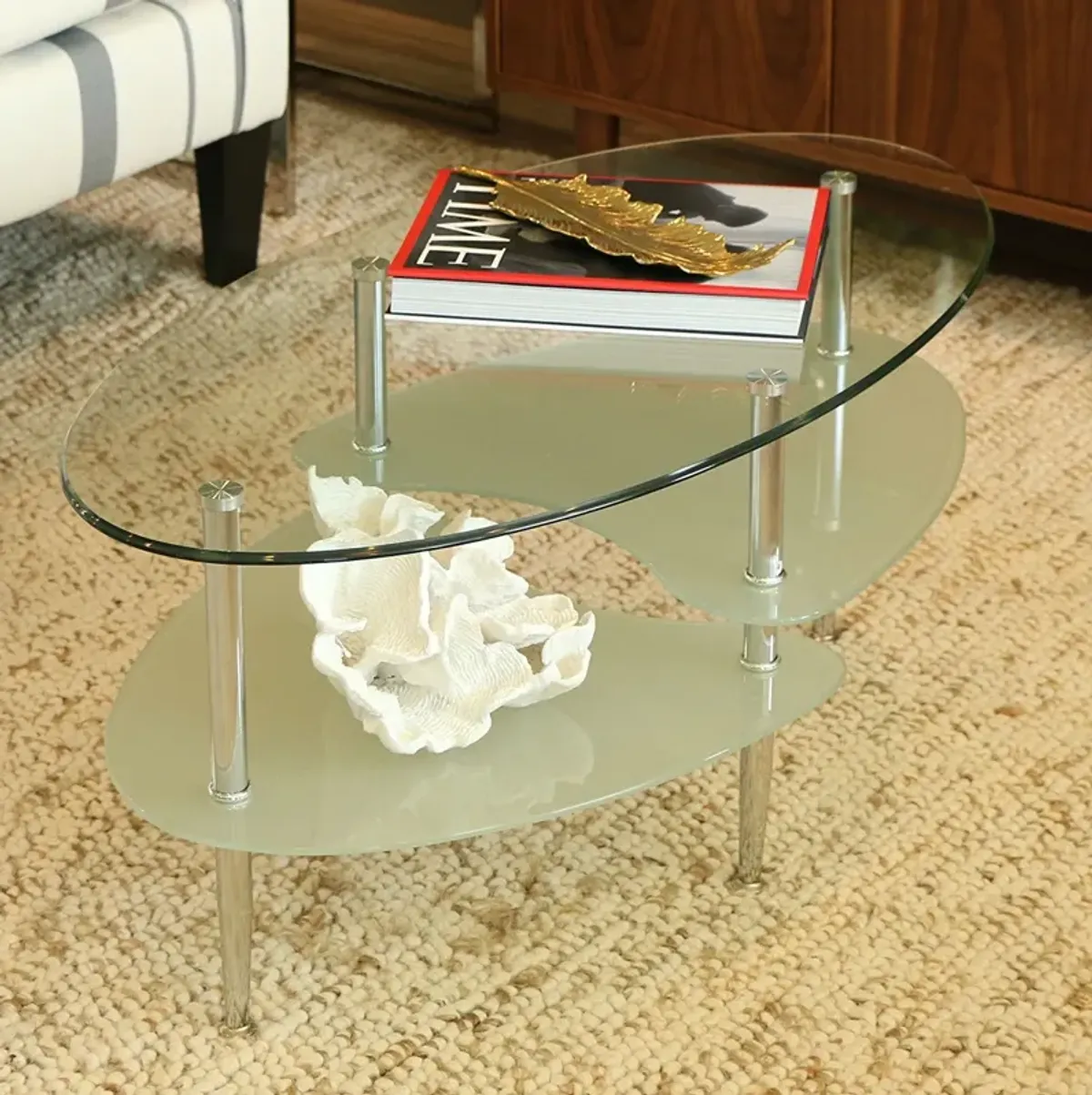 Hivvago Modern Oval Glass Coffee Table with Chrome Metal Legs