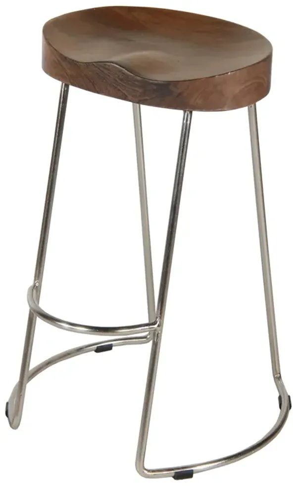 Ela 30 Inch Bar Stool with Mango Wood Saddle Seat, Iron Frame, Brown and Silver-Benzara