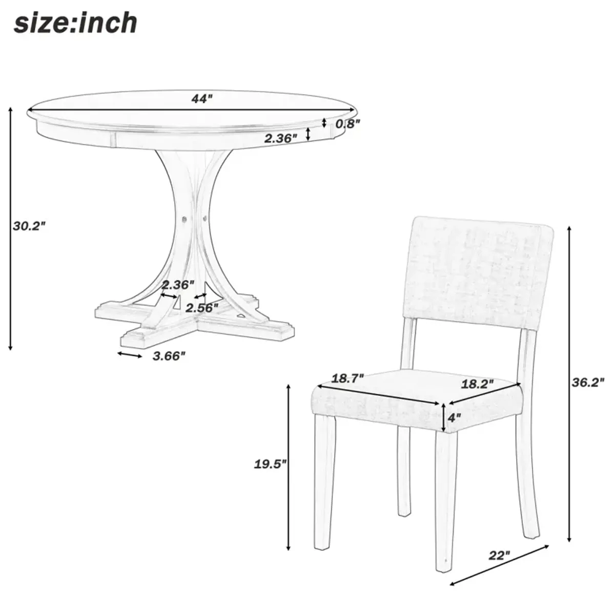 5-Piece Retro Round Dining Table Set With Curved Trestle Style Table Legs And 4