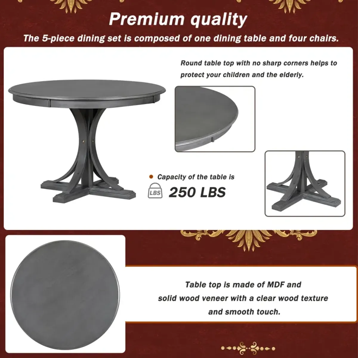 5-Piece Retro Round Dining Table Set With Curved Trestle Style Table Legs And 4