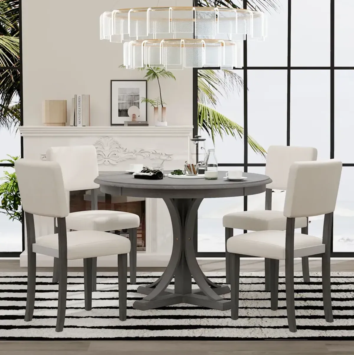 5-Piece Retro Round Dining Table Set With Curved Trestle Style Table Legs And 4