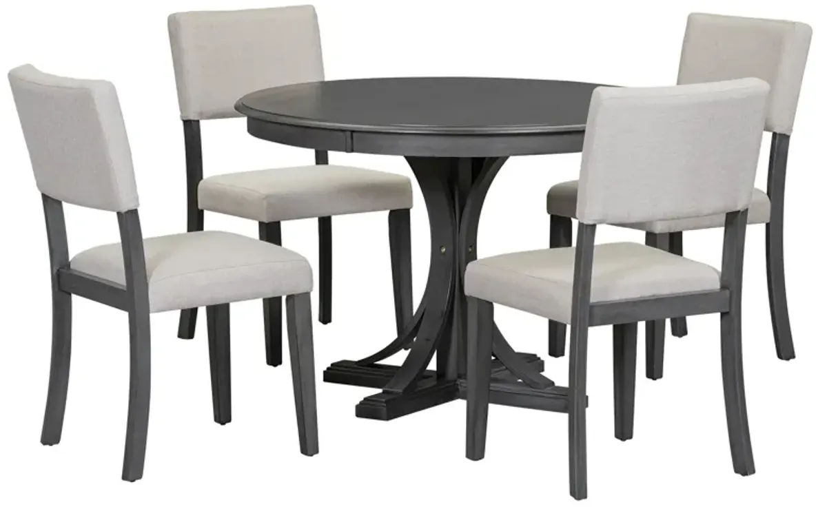 5-Piece Retro Round Dining Table Set With Curved Trestle Style Table Legs And 4