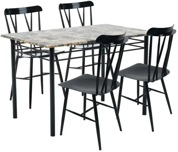 Geth 5 Piece Dining Table and Chair Set, Black Metal Frame, Tan Faux Marble - Benzara