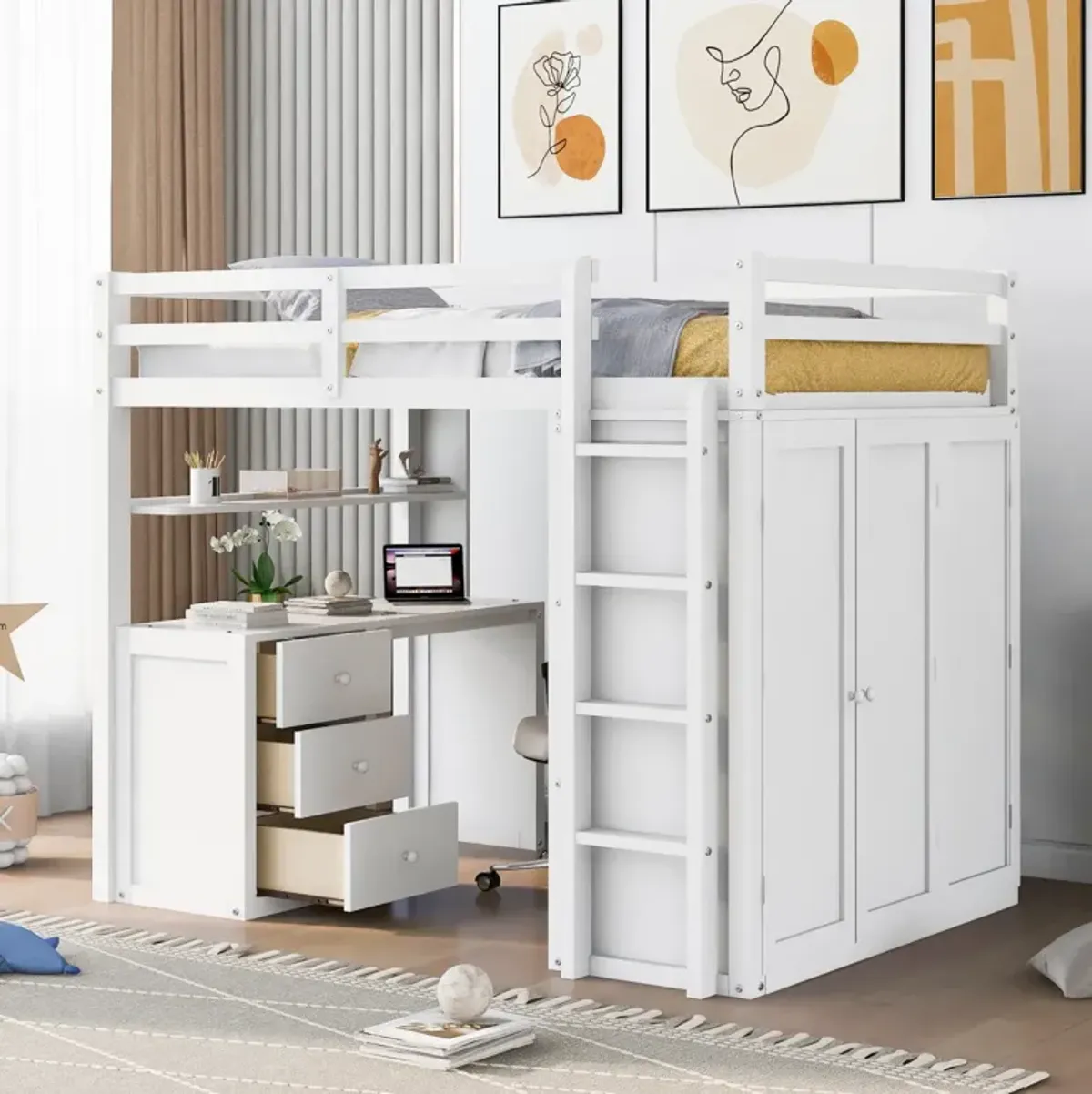 Full Size Loft Bed With Drawers, Desk, And Wardrobe-White