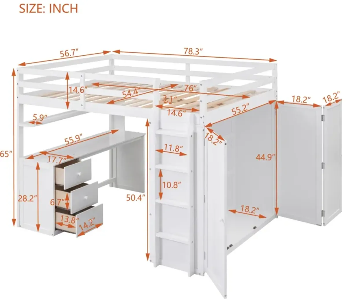 Full Size Loft Bed With Drawers, Desk, And Wardrobe-White