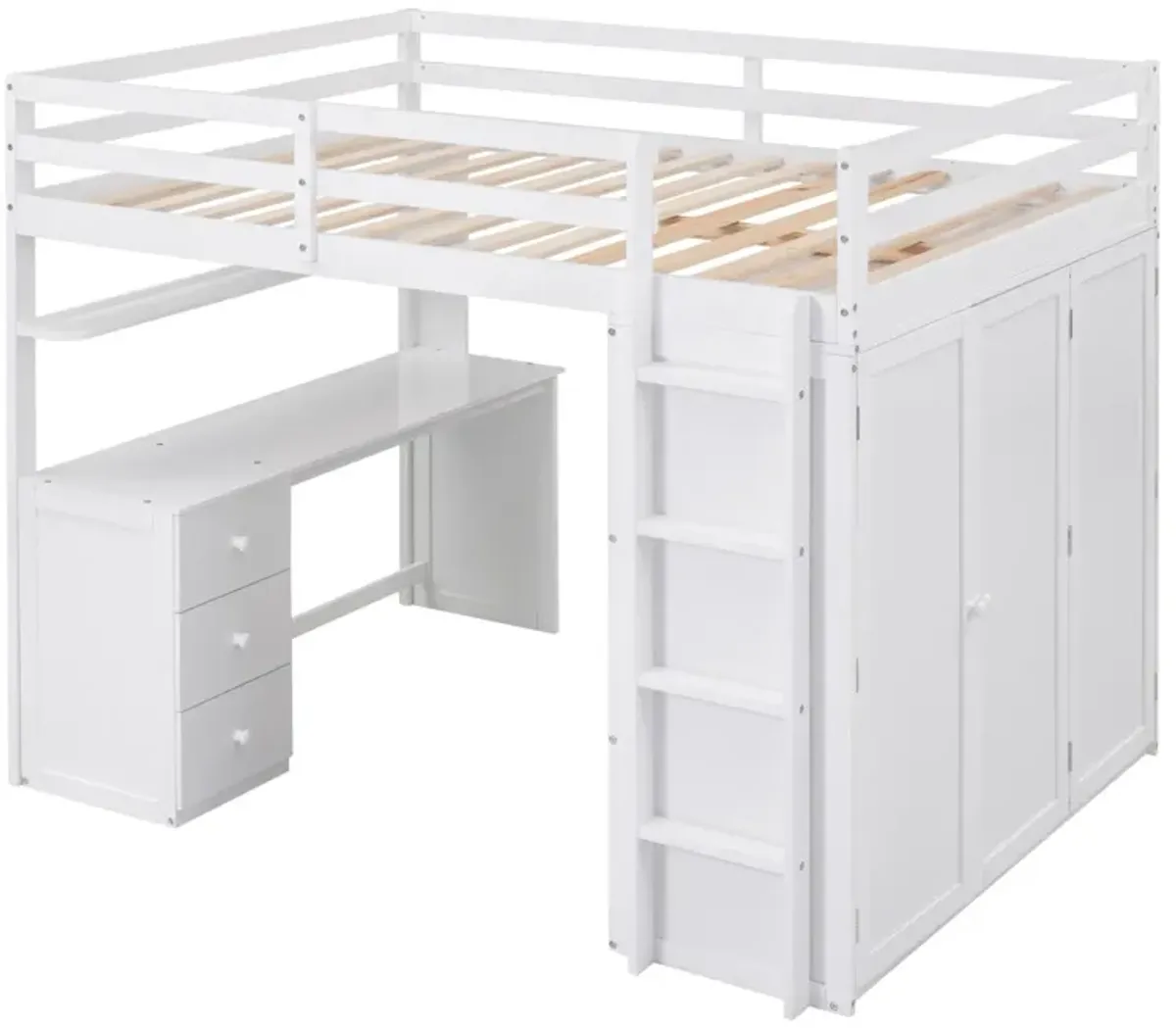 Full Size Loft Bed With Drawers, Desk, And Wardrobe-White