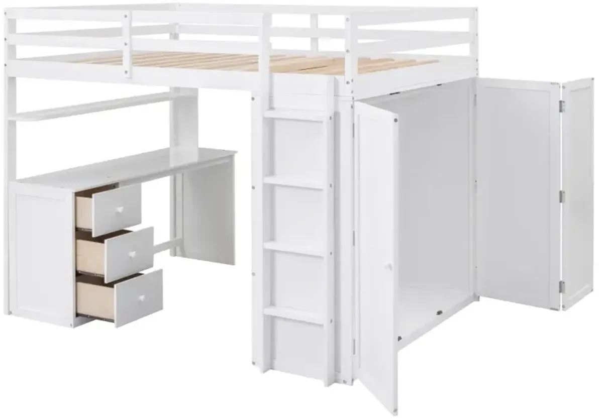 Full Size Loft Bed With Drawers, Desk, And Wardrobe-White