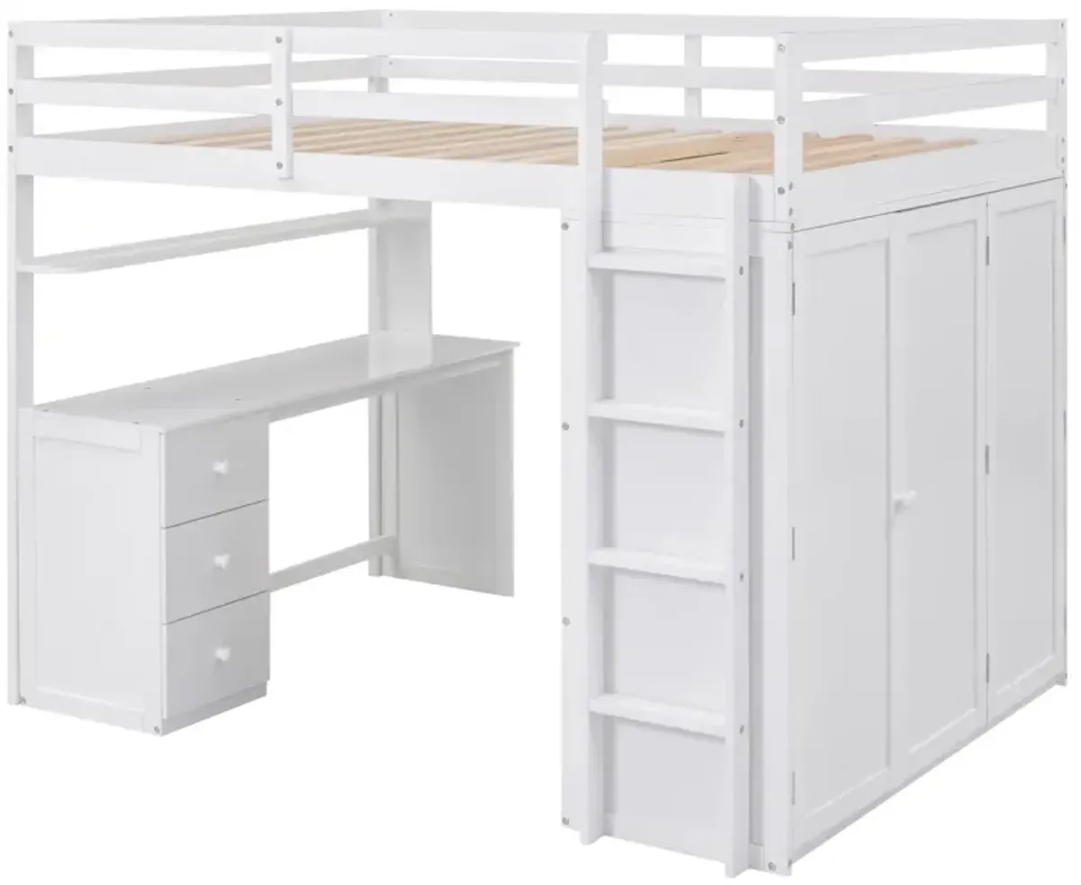 Full Size Loft Bed With Drawers, Desk, And Wardrobe-White