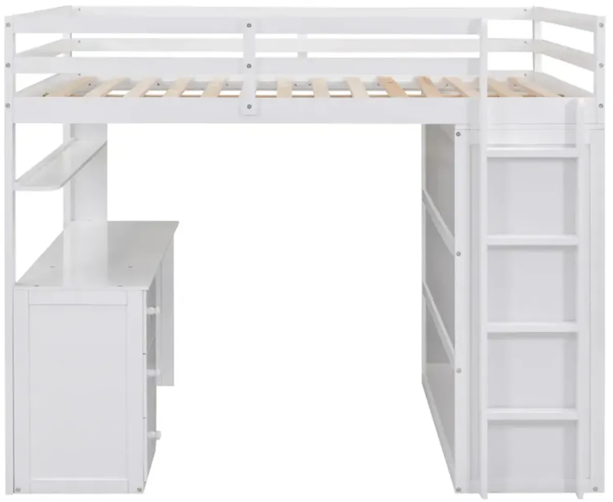 Full Size Loft Bed With Drawers, Desk, And Wardrobe-White