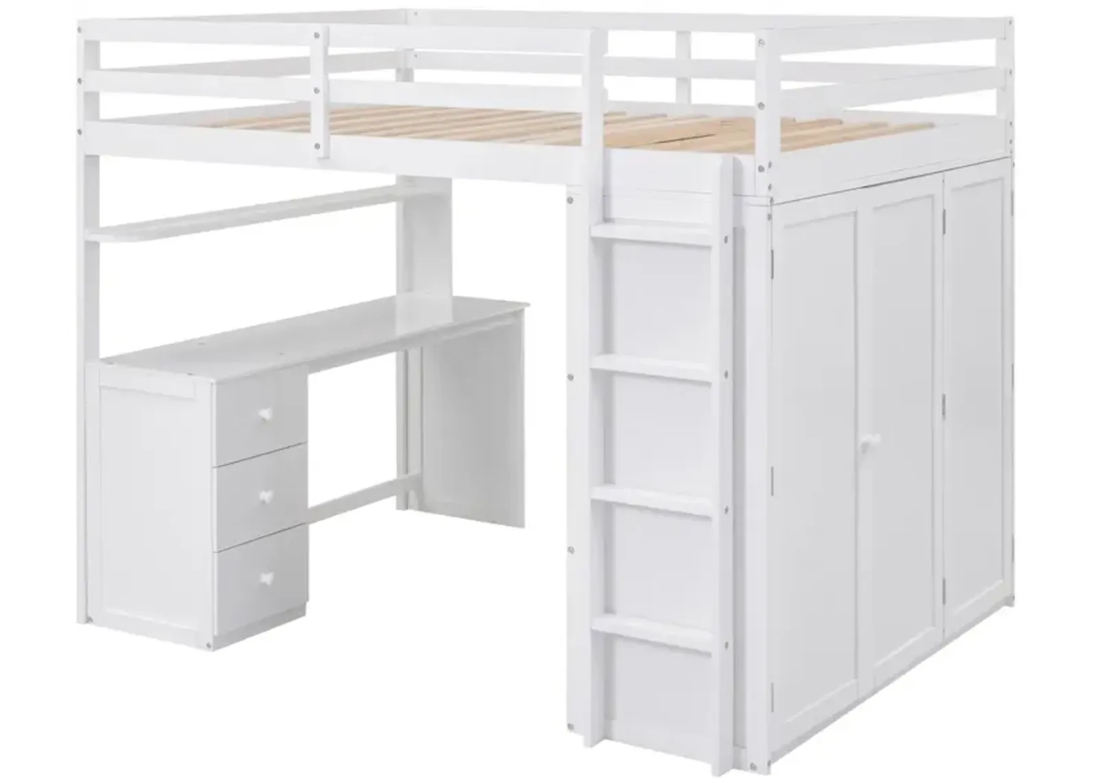 Full Size Loft Bed With Drawers, Desk, And Wardrobe-White