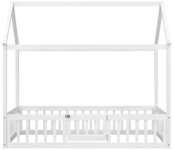 Twin Size Wood House Bed With Fence And Door