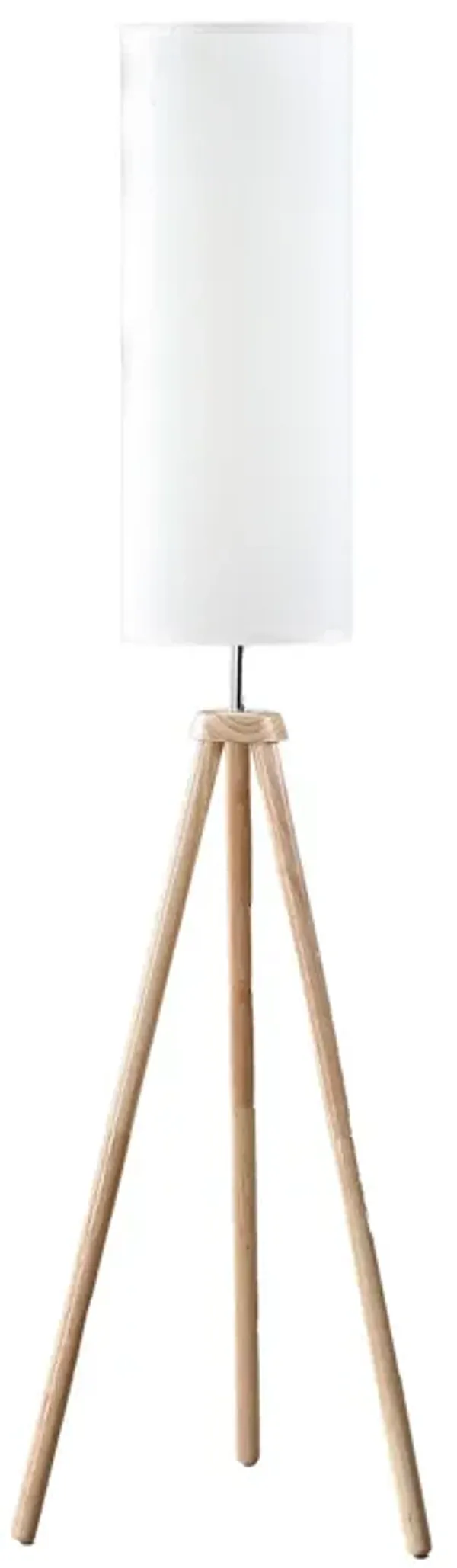 58 Inch Floor Lamp, Tall Glam Drum White Shade, Metal Tripod Body, Brown - Benzara