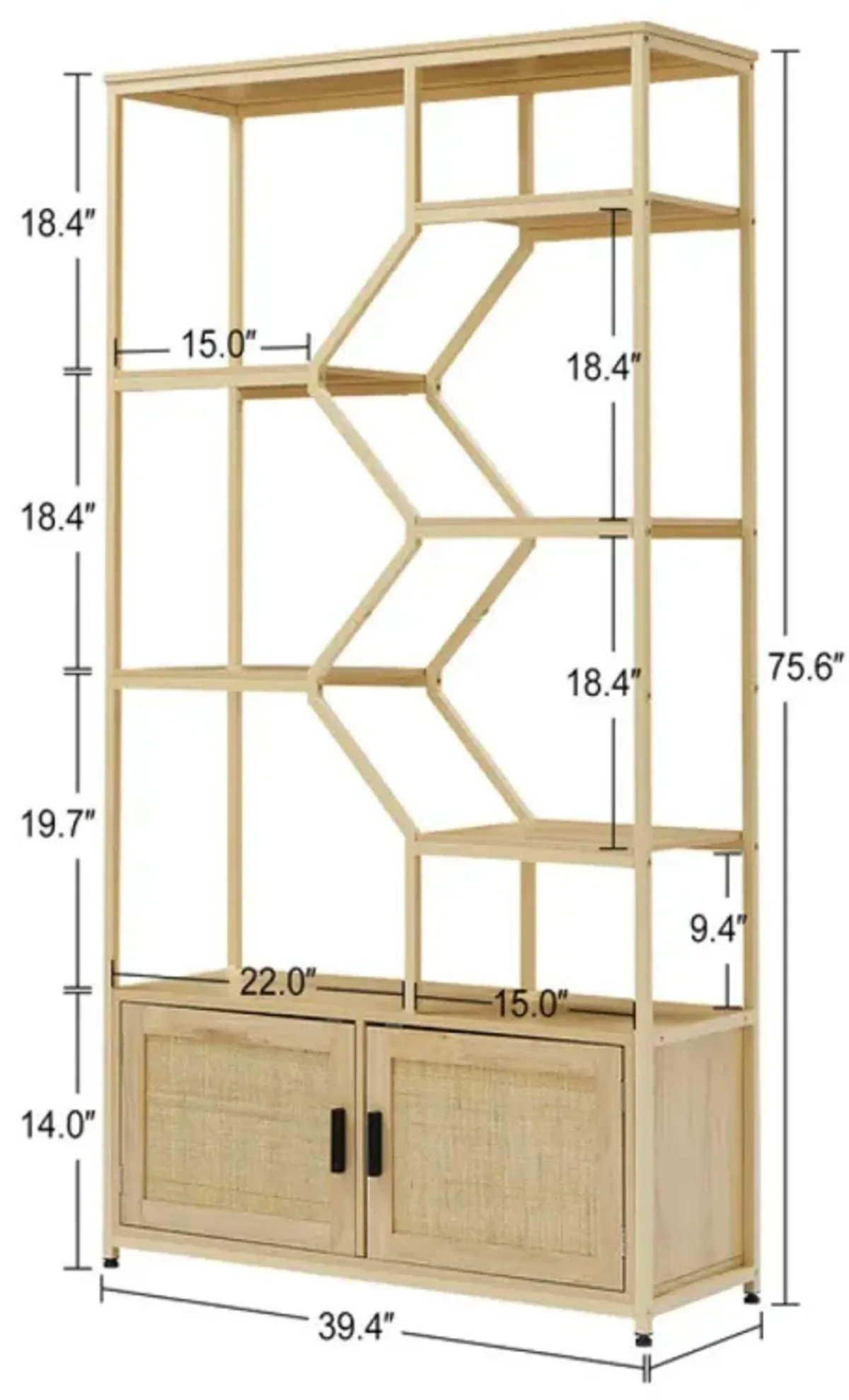 7-Tier Rattan Bookshelf with Cabinet, Natural Finish