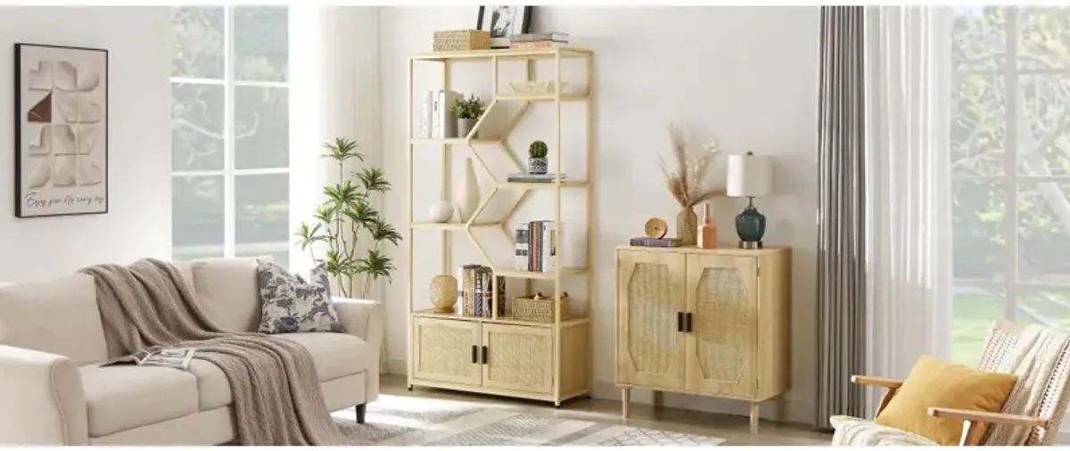 7-Tier Rattan Bookshelf with Cabinet, Natural Finish