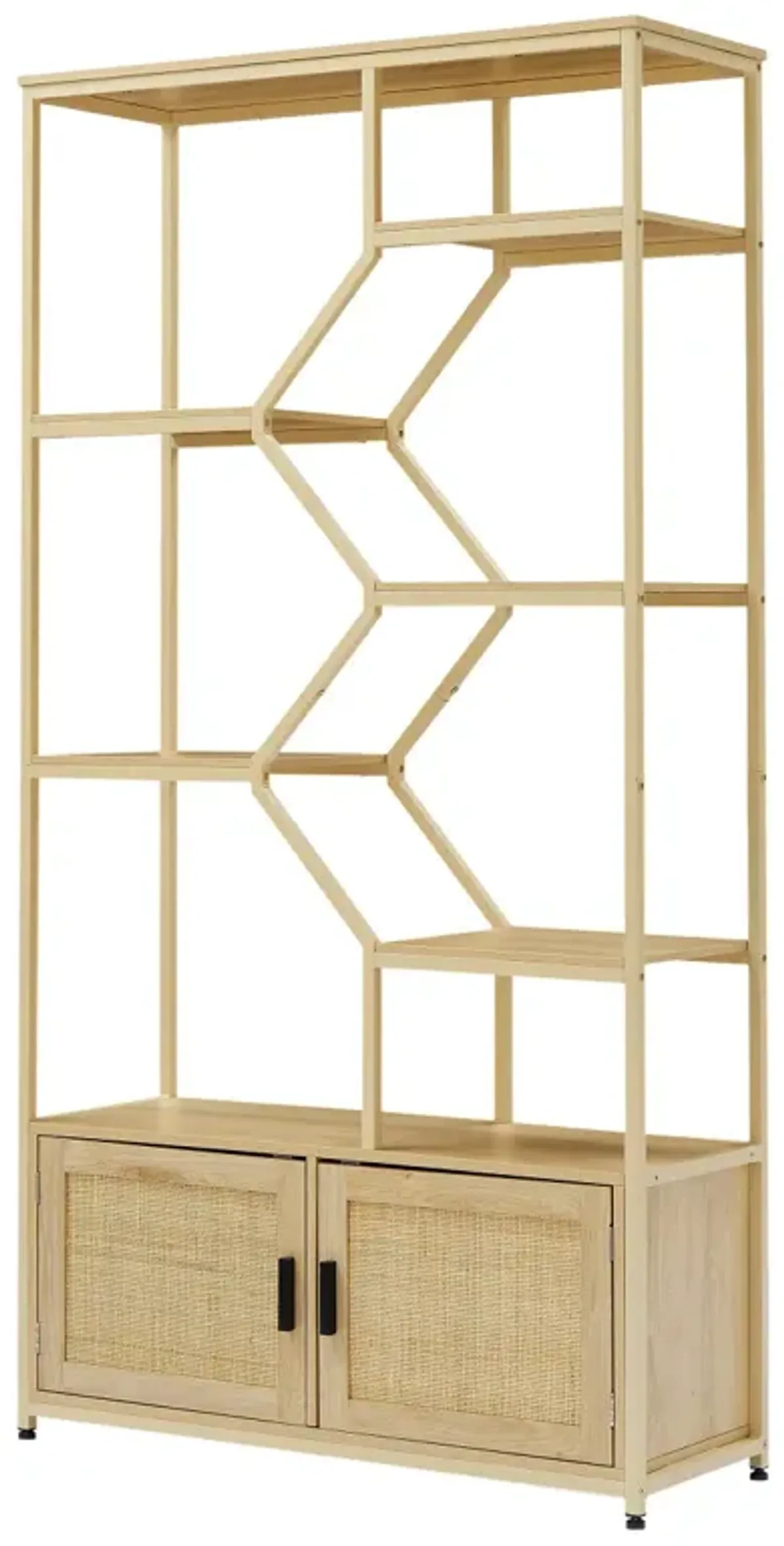 7-Tier Rattan Bookshelf with Cabinet, Natural Finish