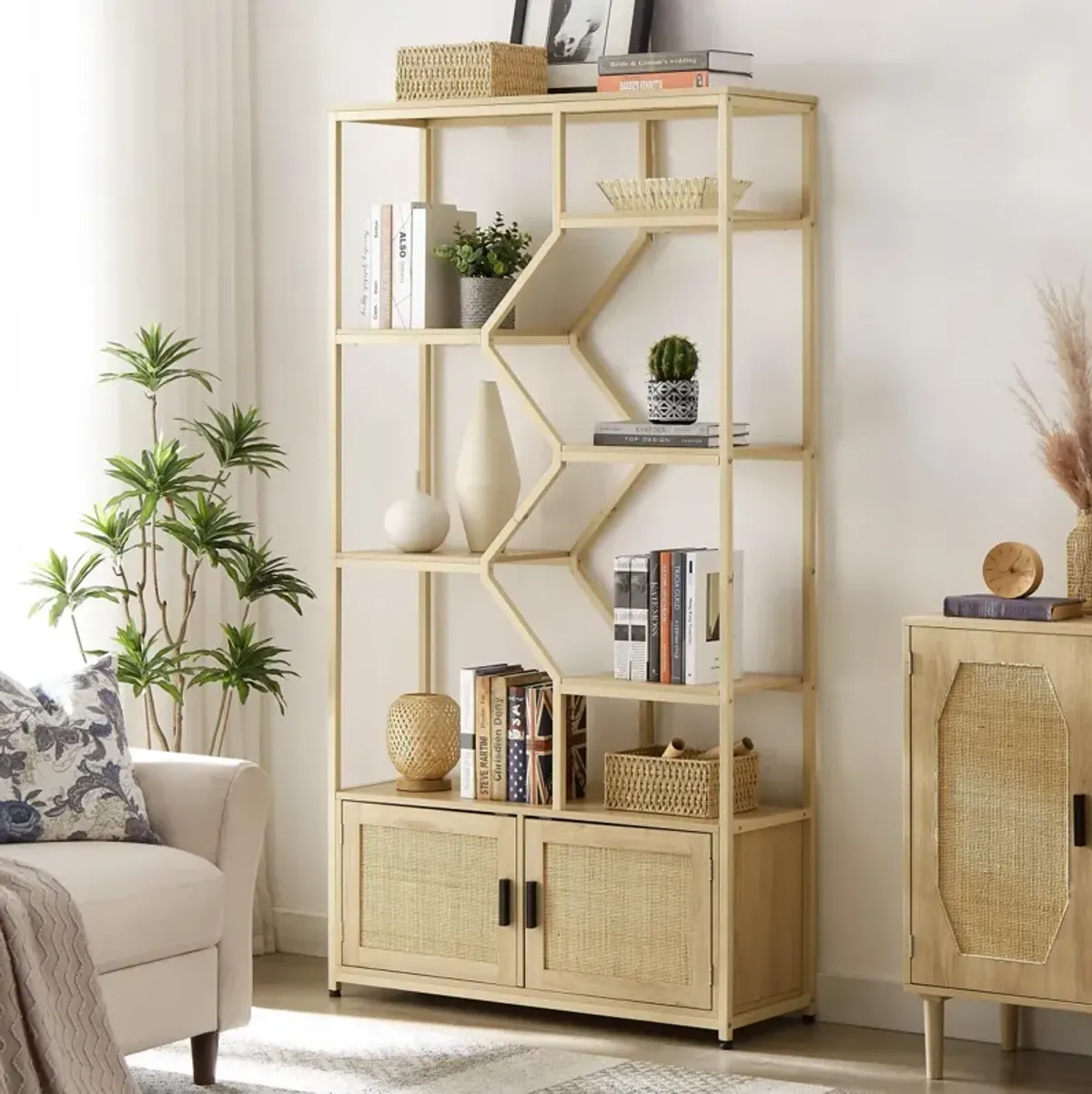 7-Tier Rattan Bookshelf with Cabinet, Natural Finish