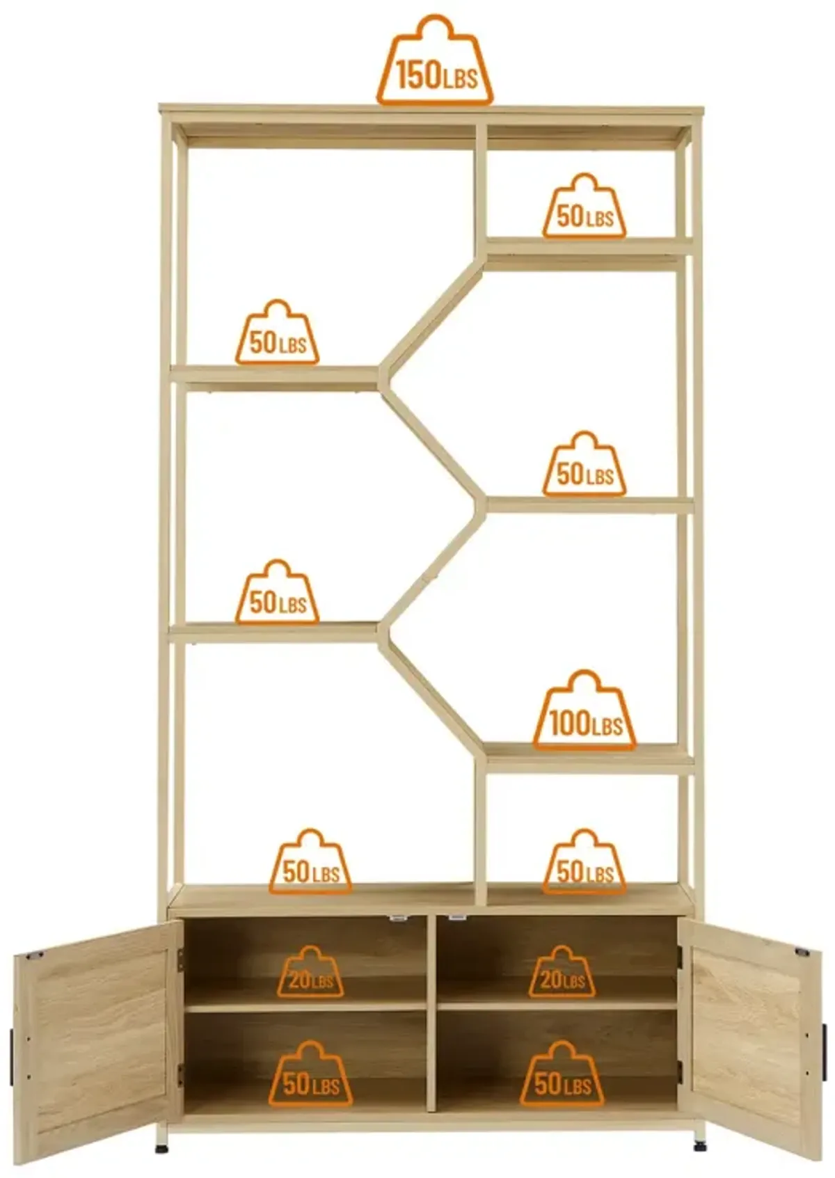 7-Tier Rattan Bookshelf with Cabinet, Natural Finish