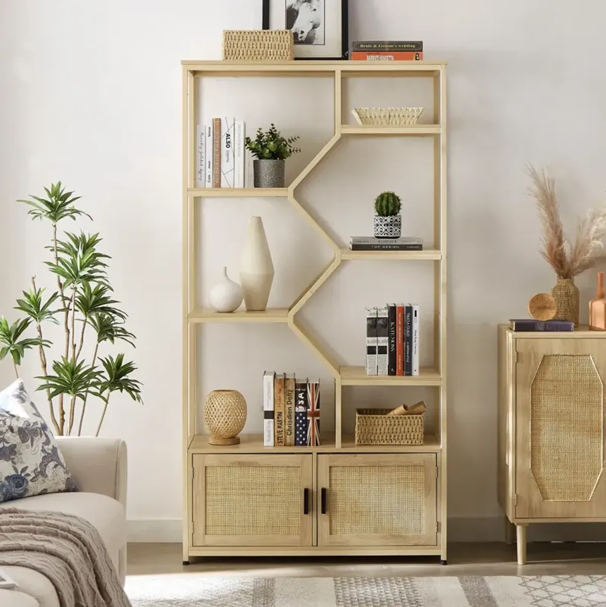 7-Tier Rattan Bookshelf with Cabinet, Natural Finish