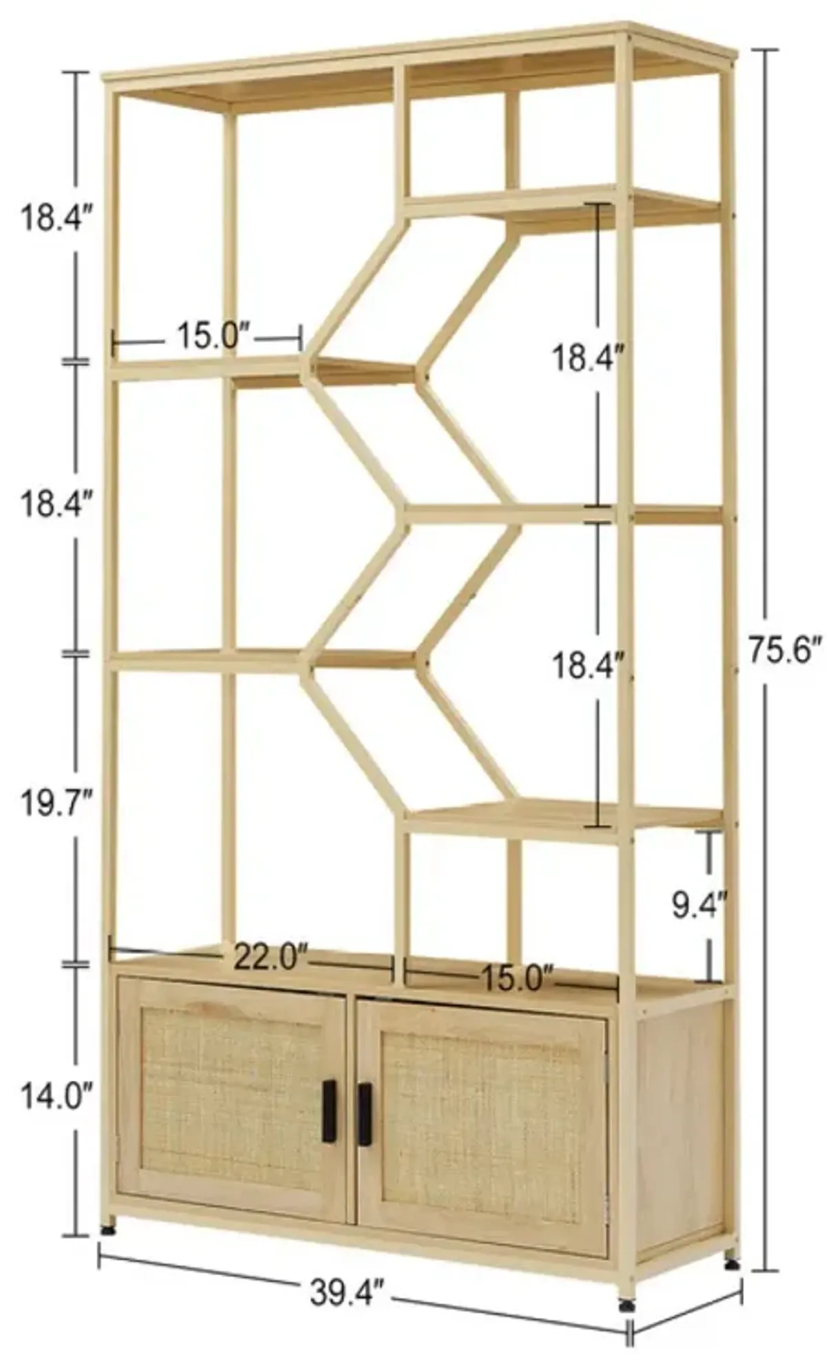 7-Tier Rattan Bookshelf with Cabinet, Natural Finish