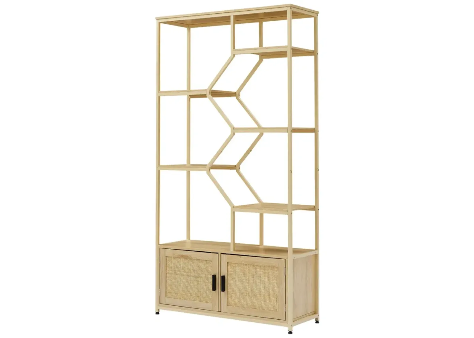 7-Tier Rattan Bookshelf with Cabinet, Natural Finish