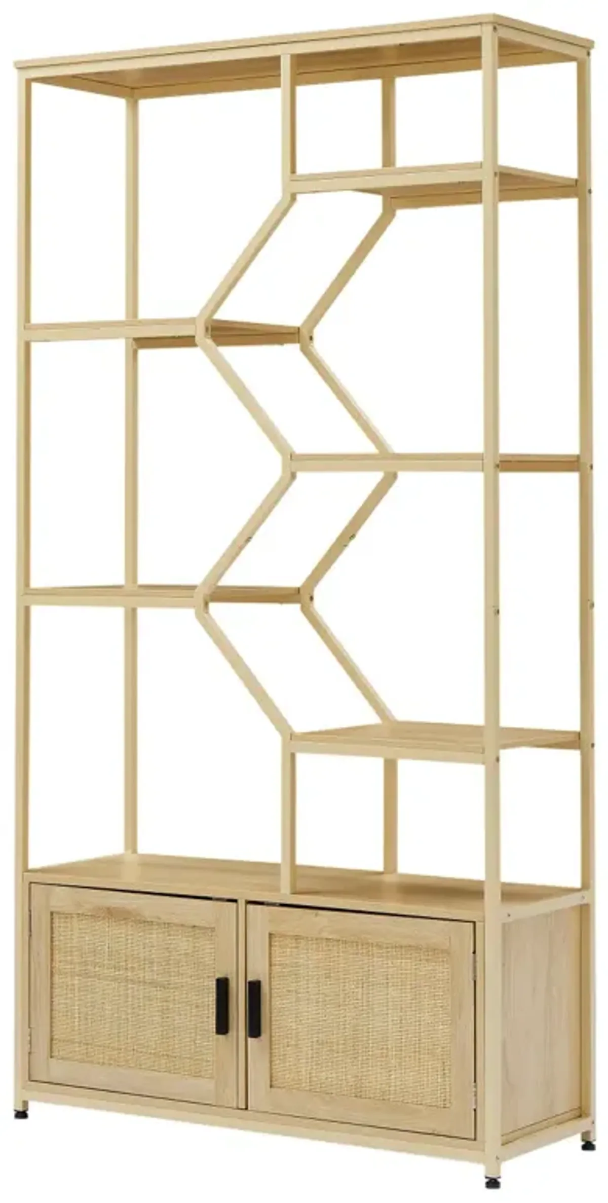 7-Tier Rattan Bookshelf with Cabinet, Natural Finish