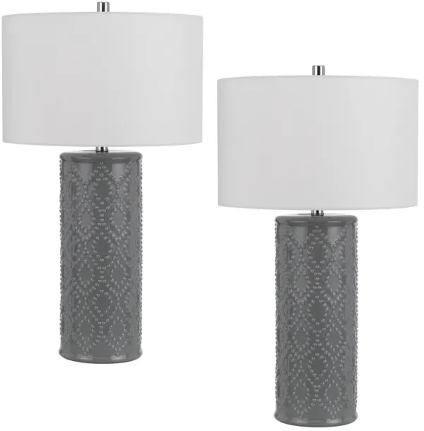 29 Inch Accent Table Lamp Set of 2, Tall Cylinder, Ball Finial Accent, Gray-Benzara