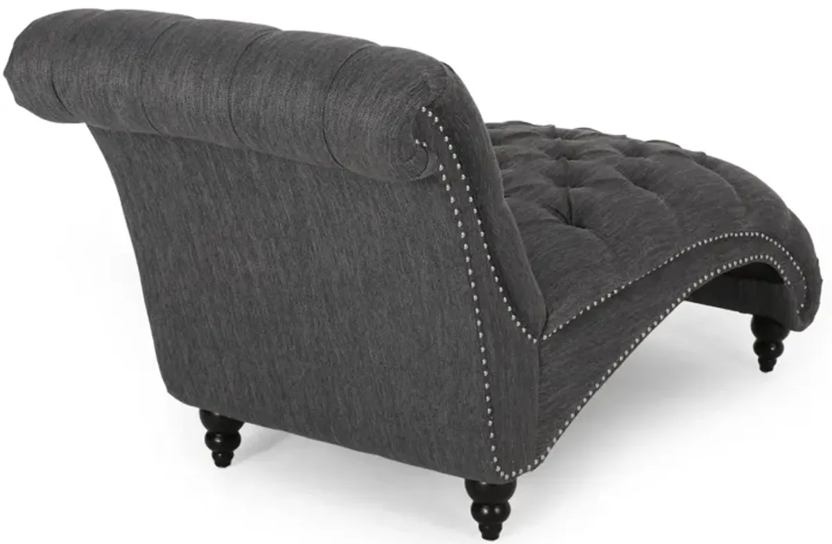 Curb Chaise Lounger, 64 Inch, Button Tufted Diamond Stitch, Charcoal Gray