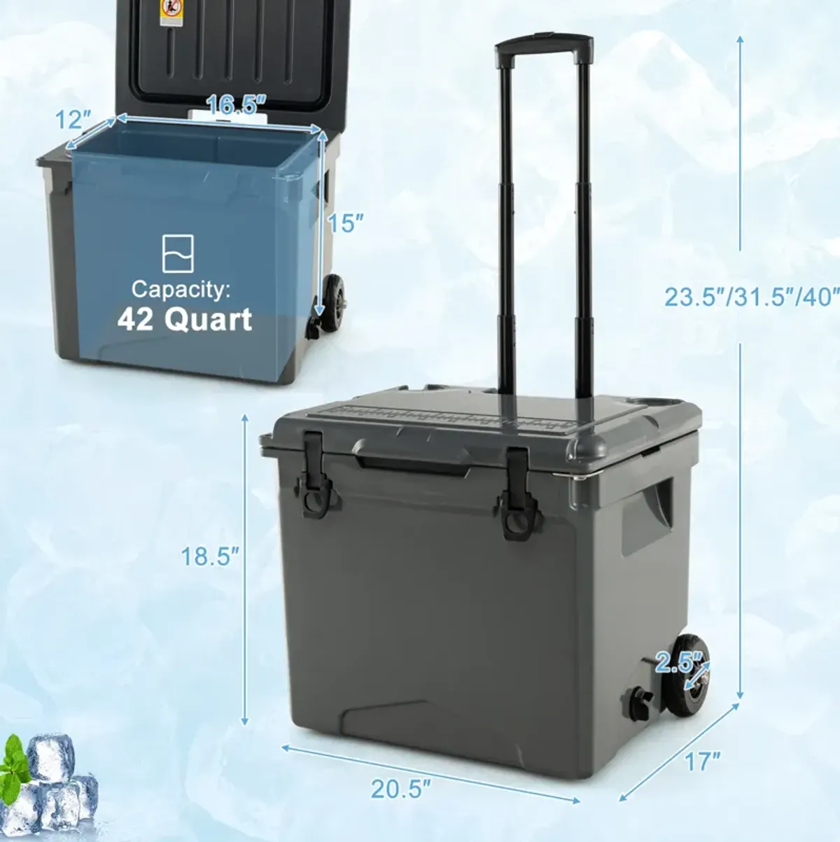 42 Quart Hard Cooler with Wheels and Handle