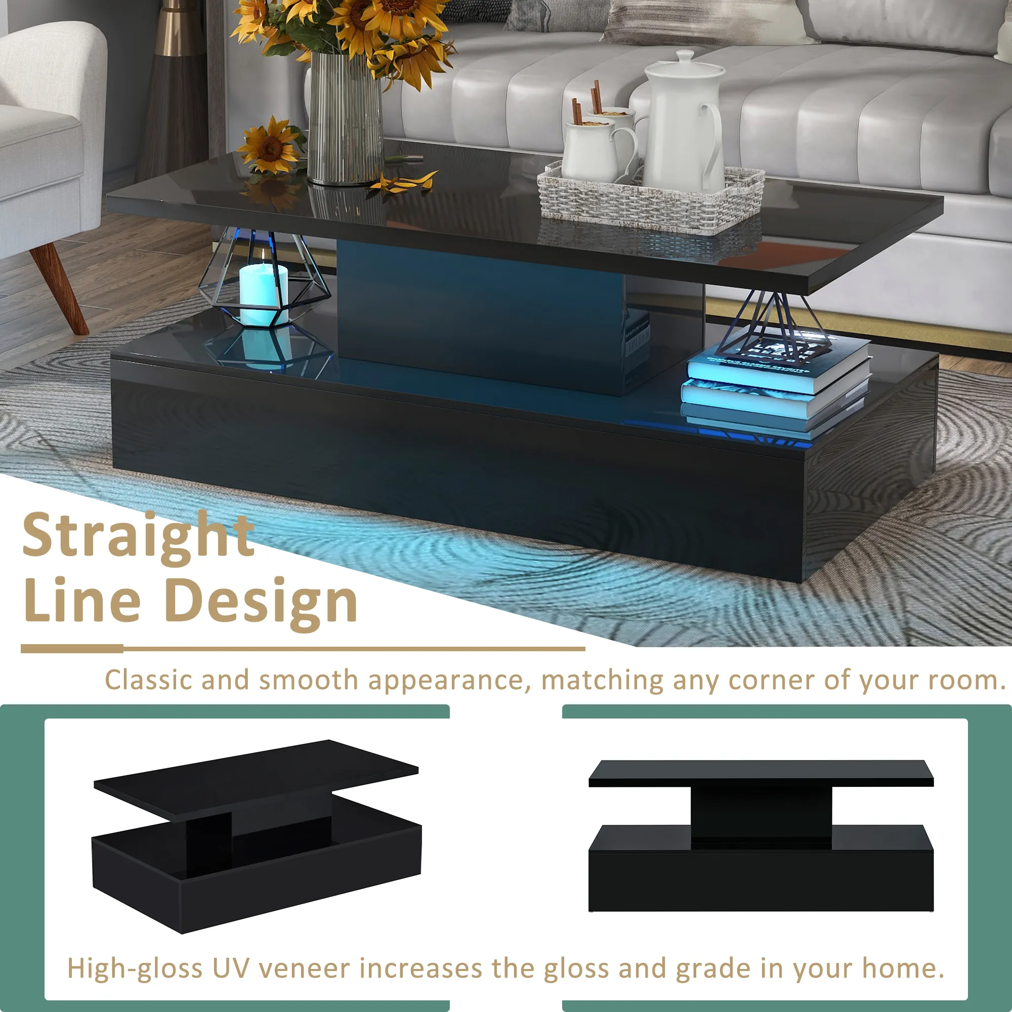 Modern Coffee Table - Industrial Design Cocktail Table with LED Lighting - 16 Colors