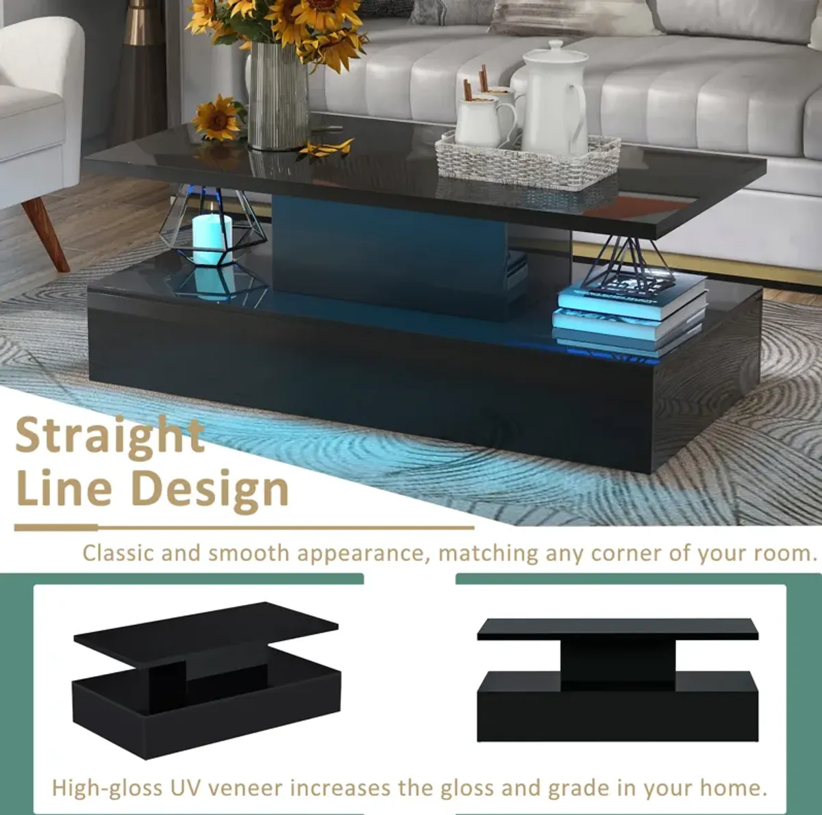 Modern Coffee Table - Industrial Design Cocktail Table with LED Lighting - 16 Colors