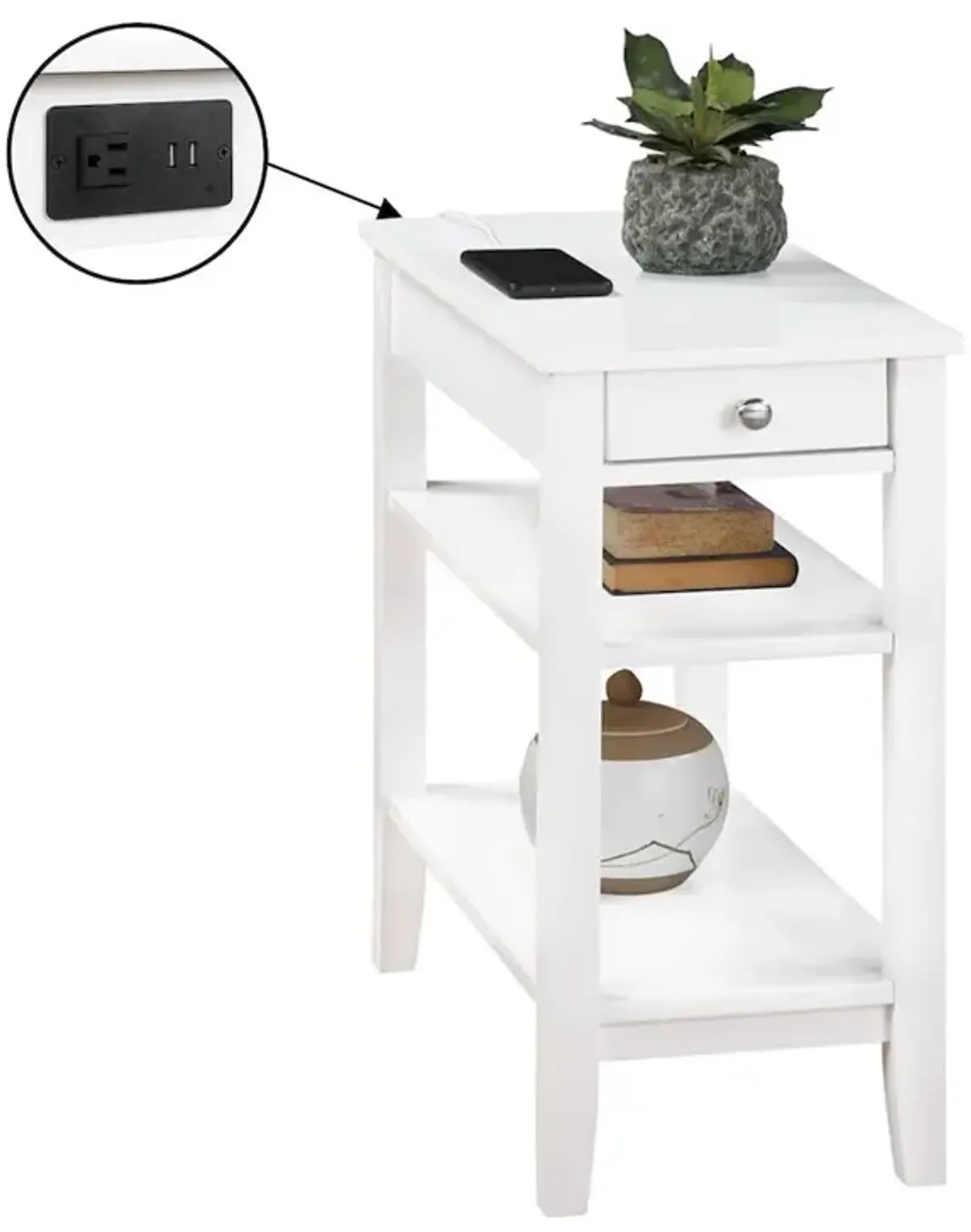 Convenience Concepts American Heritage 1 Drawer Chairside End Table with Charging Station and Shelves