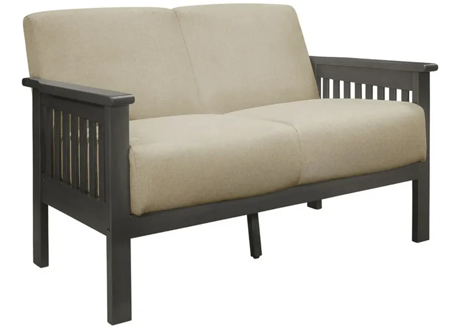 Wiston 50 Inch Loveseat, Beige Polyester, Dark Gray Solid Rubberwood - Benzara