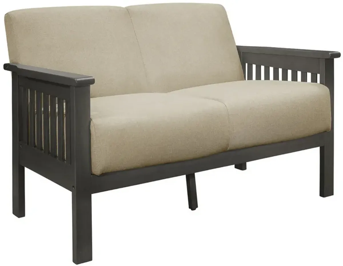 Wiston 50 Inch Loveseat, Beige Polyester, Dark Gray Solid Rubberwood - Benzara