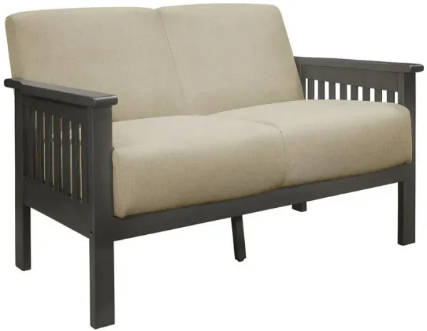 Wiston 50 Inch Loveseat, Beige Polyester, Dark Gray Solid Rubberwood - Benzara