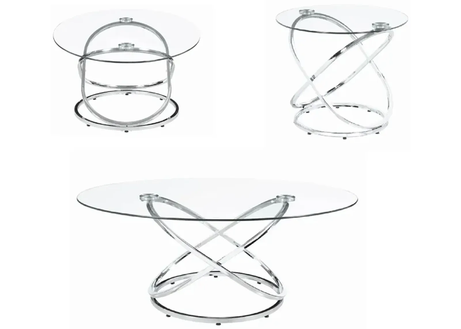 Modern 3 Piece Coffee Table Set with 2 End Tables, Glass Tabletop, Chrome-Benzara