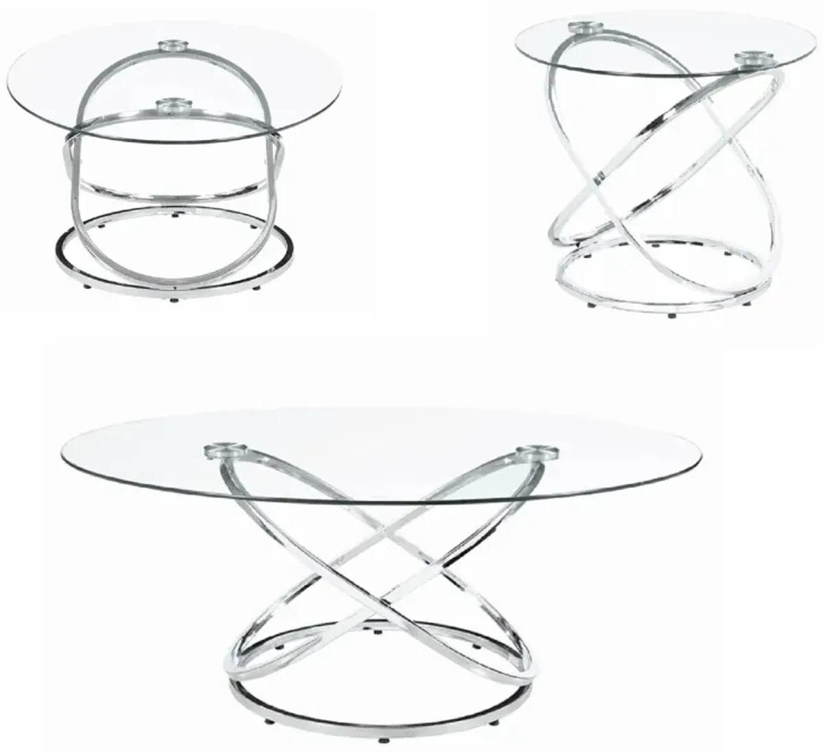 Modern 3 Piece Coffee Table Set with 2 End Tables, Glass Tabletop, Chrome-Benzara