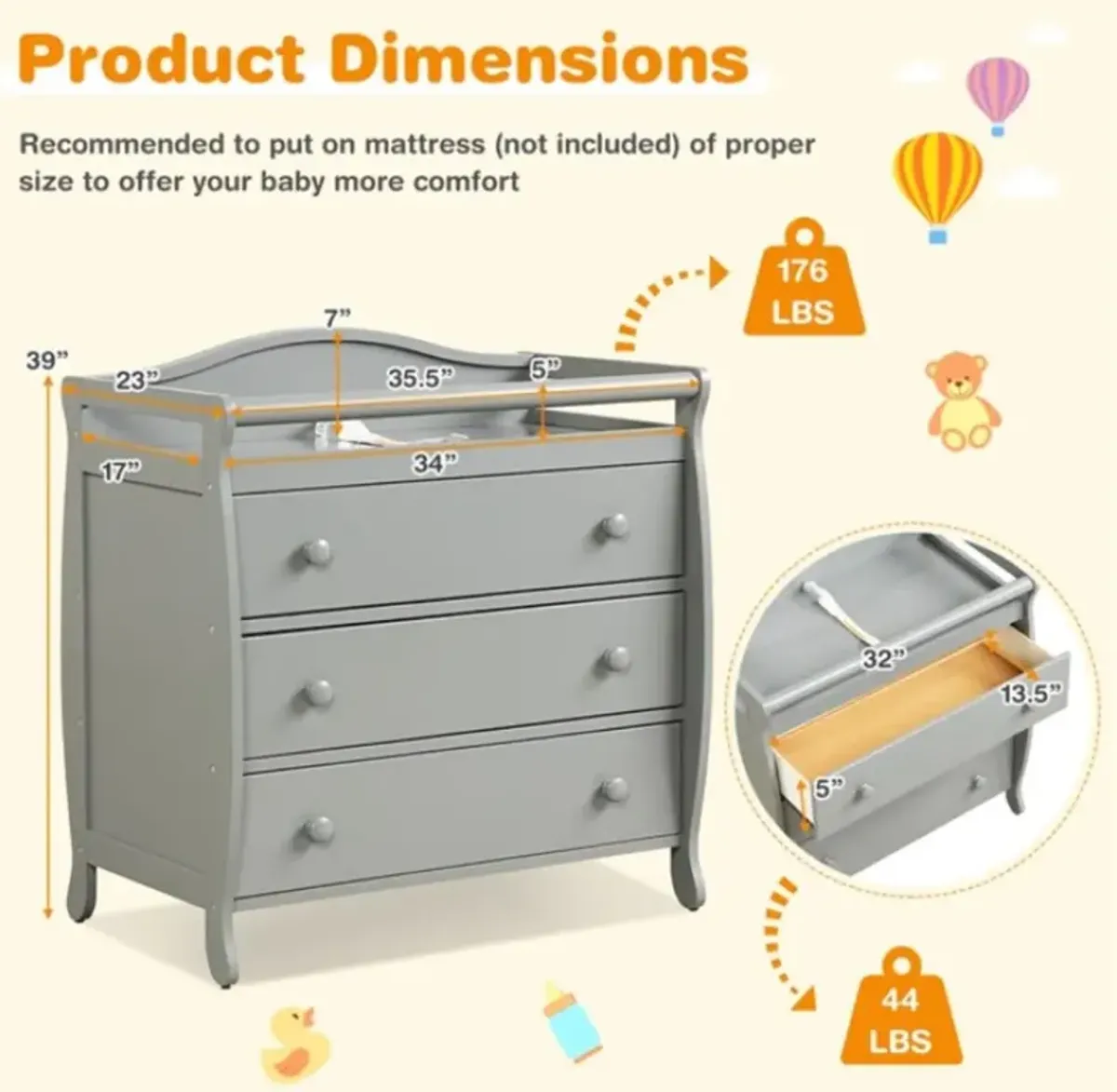 Hivvago Baby Changing Table with 3 Drawers and Safety Belt
