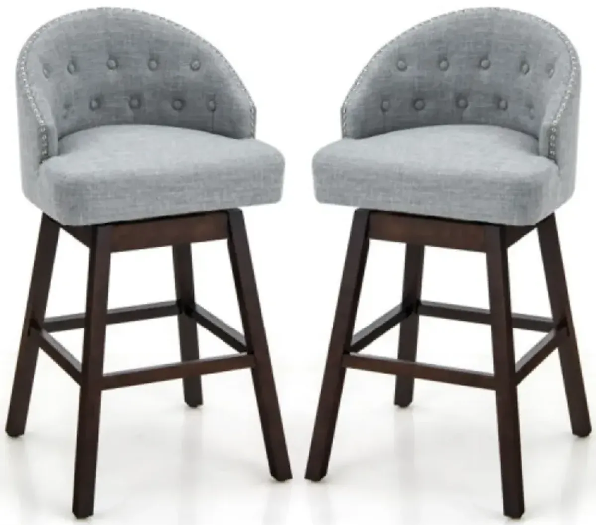 Set of 2 Swivel Bar Stools with Rubber Wood Legs and Padded Back-Gray