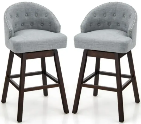 Set of 2 Swivel Bar Stools with Rubber Wood Legs and Padded Back-Gray