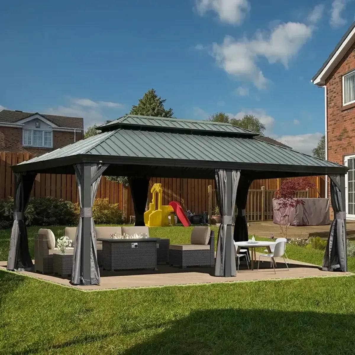 MONDAWE 12ft X 20ft Outdoor Hardtop Gazebo with Curtain and Netting Aluminum Frame Galvanized Steel Double Roof Permanent Gazebo Pavilion for Patio, Backyard, Deck, Lawn