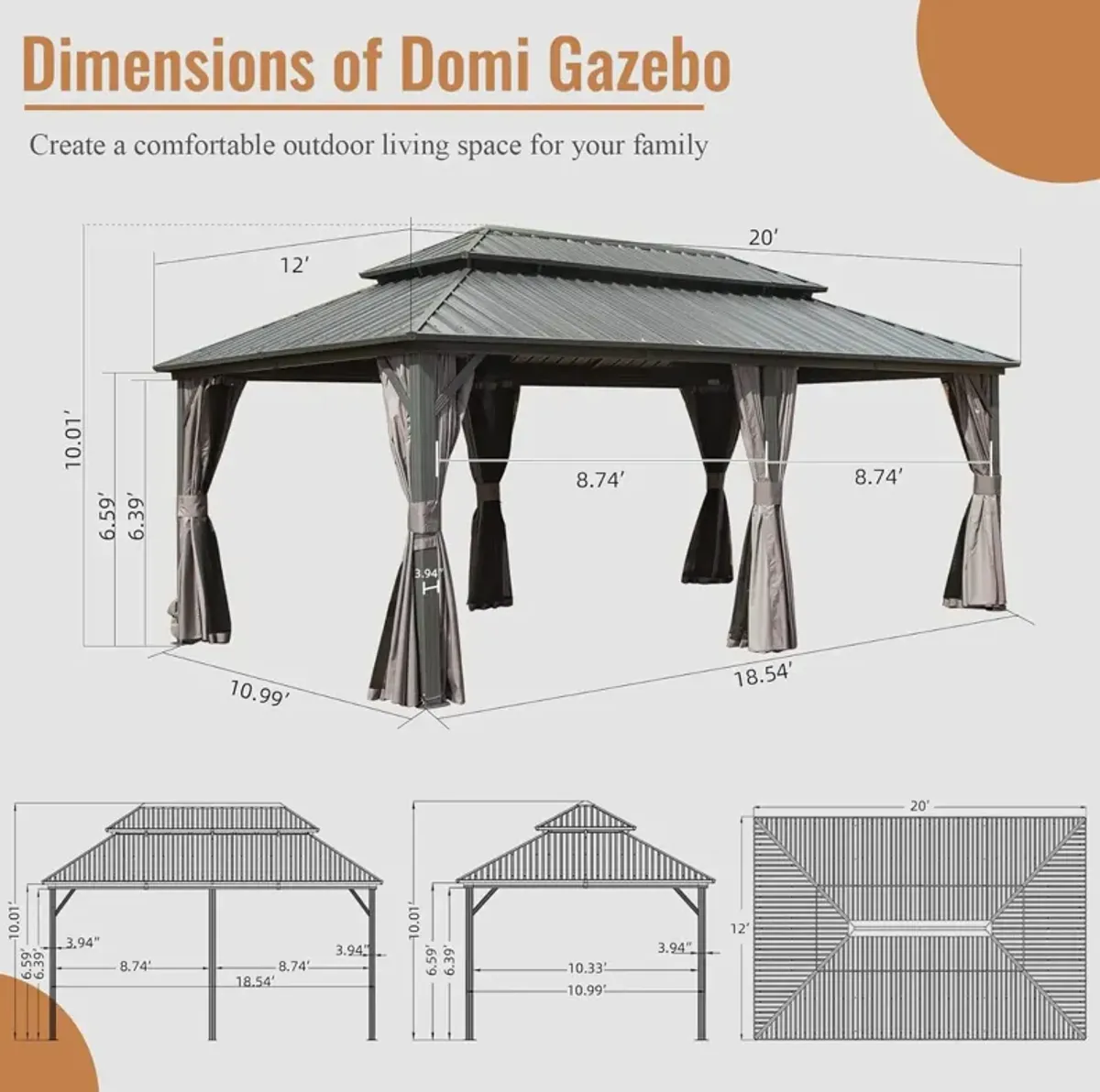 MONDAWE 12ft X 20ft Outdoor Hardtop Gazebo with Curtain and Netting Aluminum Frame Galvanized Steel Double Roof Permanent Gazebo Pavilion for Patio, Backyard, Deck, Lawn