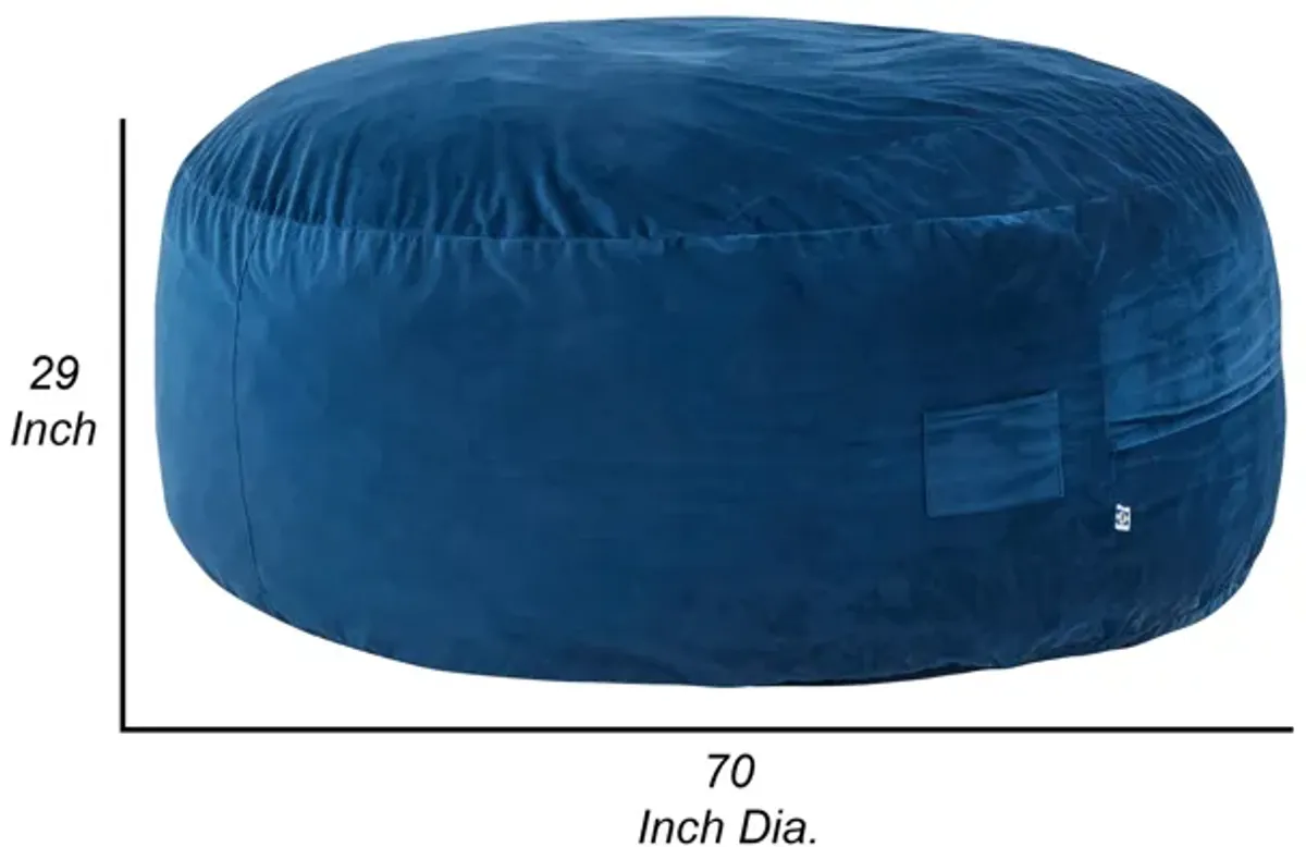 Olio 70 Inch Bean Bag, Round, Foam Filling, Velvet Upholstery, Navy Blue - Benzara