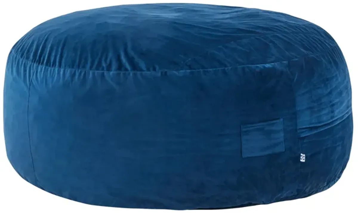 Olio 70 Inch Bean Bag, Round, Foam Filling, Velvet Upholstery, Navy Blue - Benzara