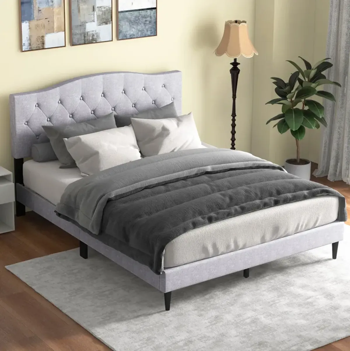 Queen Size Upholstered Platform Bed with Button Tufted Headboard-Queen Size